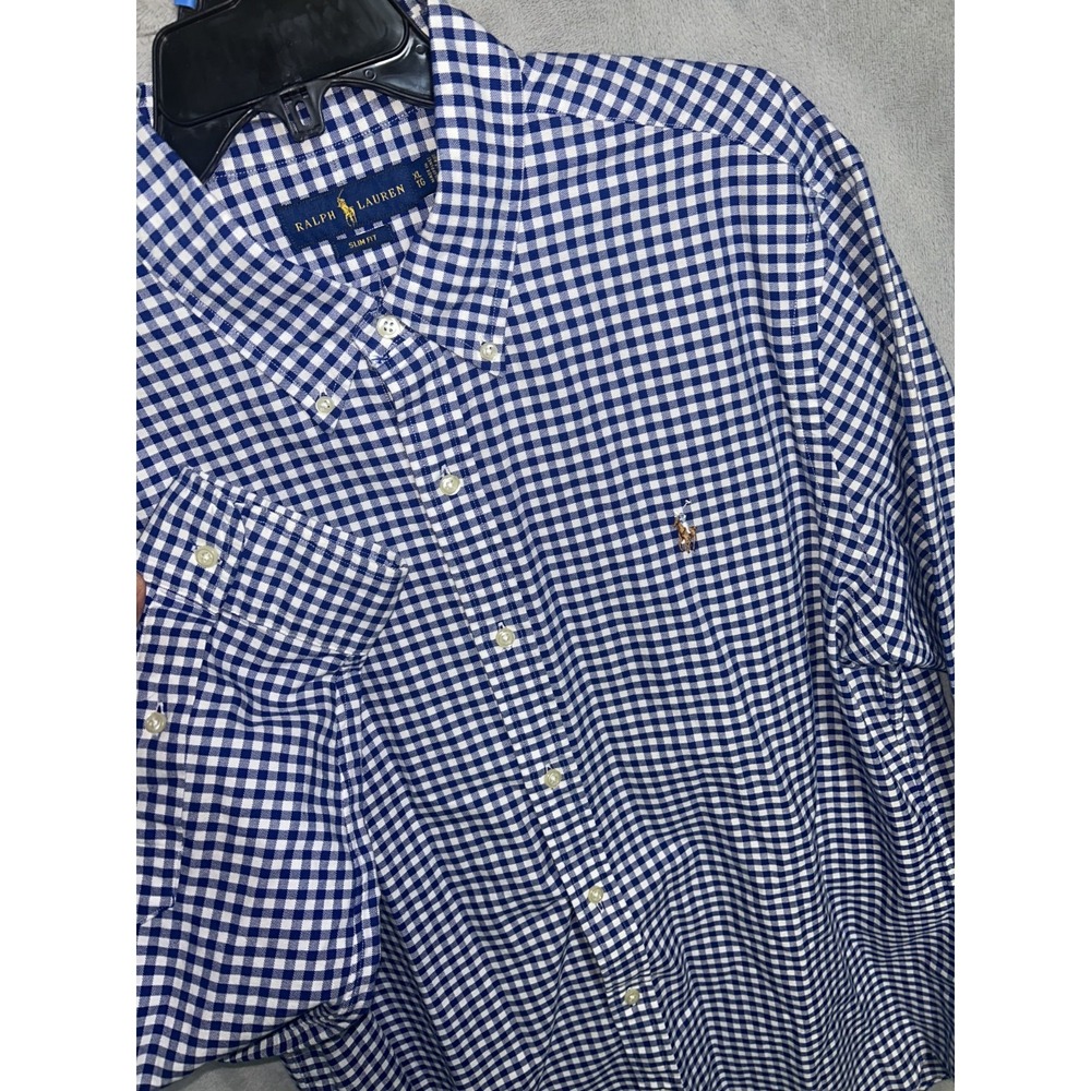 Ralph Lauren Men's Dress Shirt L Slim Fit Blue Long Sleeve Button Flesh Oxford